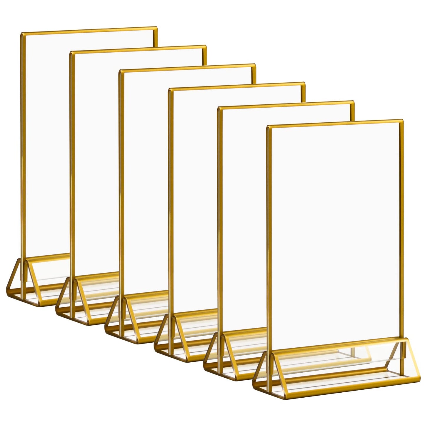 Acrylic Gold Sign Holders, 5x7 Vertical Clear Picture Frames with Gold Borders, Double Sided Table Menu Display Stand for Restaurant Signs, Wedding Table Numbers, Photos and Art Display - 6 Pack
