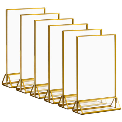 Acrylic Gold Sign Holders, 5x7 Vertical Clear Picture Frames with Gold Borders, Double Sided Table Menu Display Stand for Restaurant Signs, Wedding Table Numbers, Photos and Art Display - 6 Pack