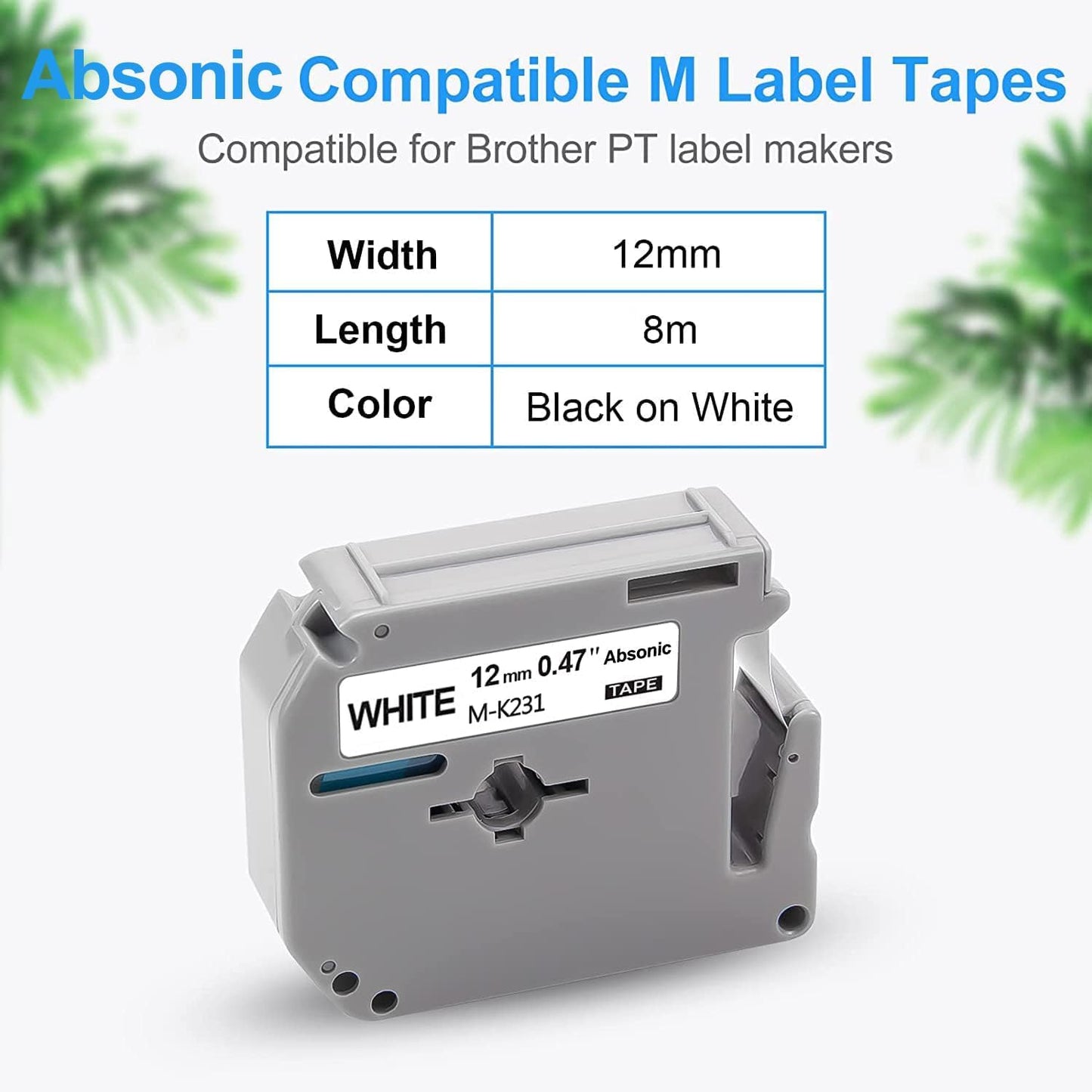Absonic 5-Pack Compatible Label Maker Tape for Brother M 12mm Tape 0.47 inch Black on Clear MK131 MK-131 M-131 P Touch M 1/2" Label Tape for PT-M95 PT-90 PT-65 PT-85