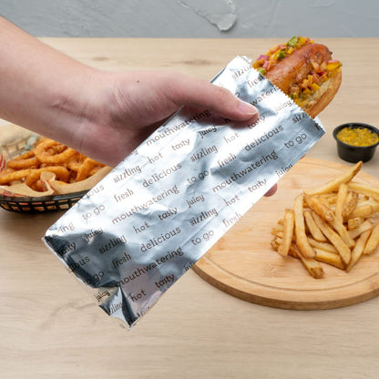 Restaurantware-Bag Tek 3.7 x 1.2 x 9.2 Inch Hot Dog Bags, 100 Small Hot Dog Wrappers - Greaseproof, Freezer-Safe, Printed Foil Accessories, Heat-Resistant, Non-Vented
