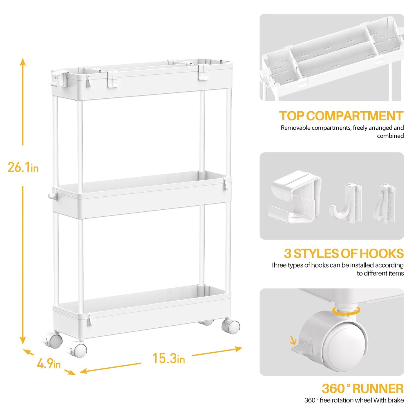SPACELEAD Slim Storage Cart,3 Tier Bathroom Rolling Utility Cart Storage Organizer Slide Out Cart, Mobile Shelving Unit Organizer Trolley for Office Bathroom Kitchen Laundry Room Narrow Places, White