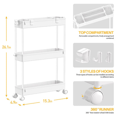 SPACELEAD Slim Storage Cart,3 Tier Bathroom Rolling Utility Cart Storage Organizer Slide Out Cart, Mobile Shelving Unit Organizer Trolley for Office Bathroom Kitchen Laundry Room Narrow Places, White