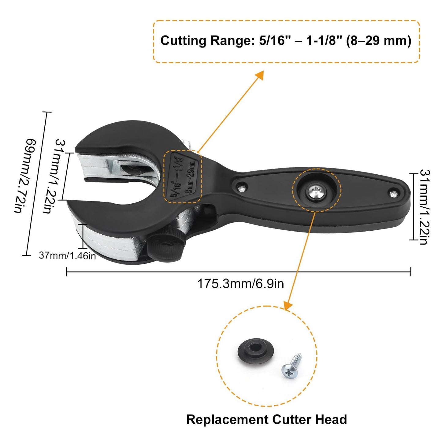 SUNJOYCO Ratcheting Tubing Cutter, Ratchet Pipe Cutter 5/16" to 1-1/8", 2 in 1 Close Quarters Tube Compact Cutters, Ratchet-Type Tube Cutting Tool for Copper, Aluminum, PVC, PEX, Steel, Fuel Pipe