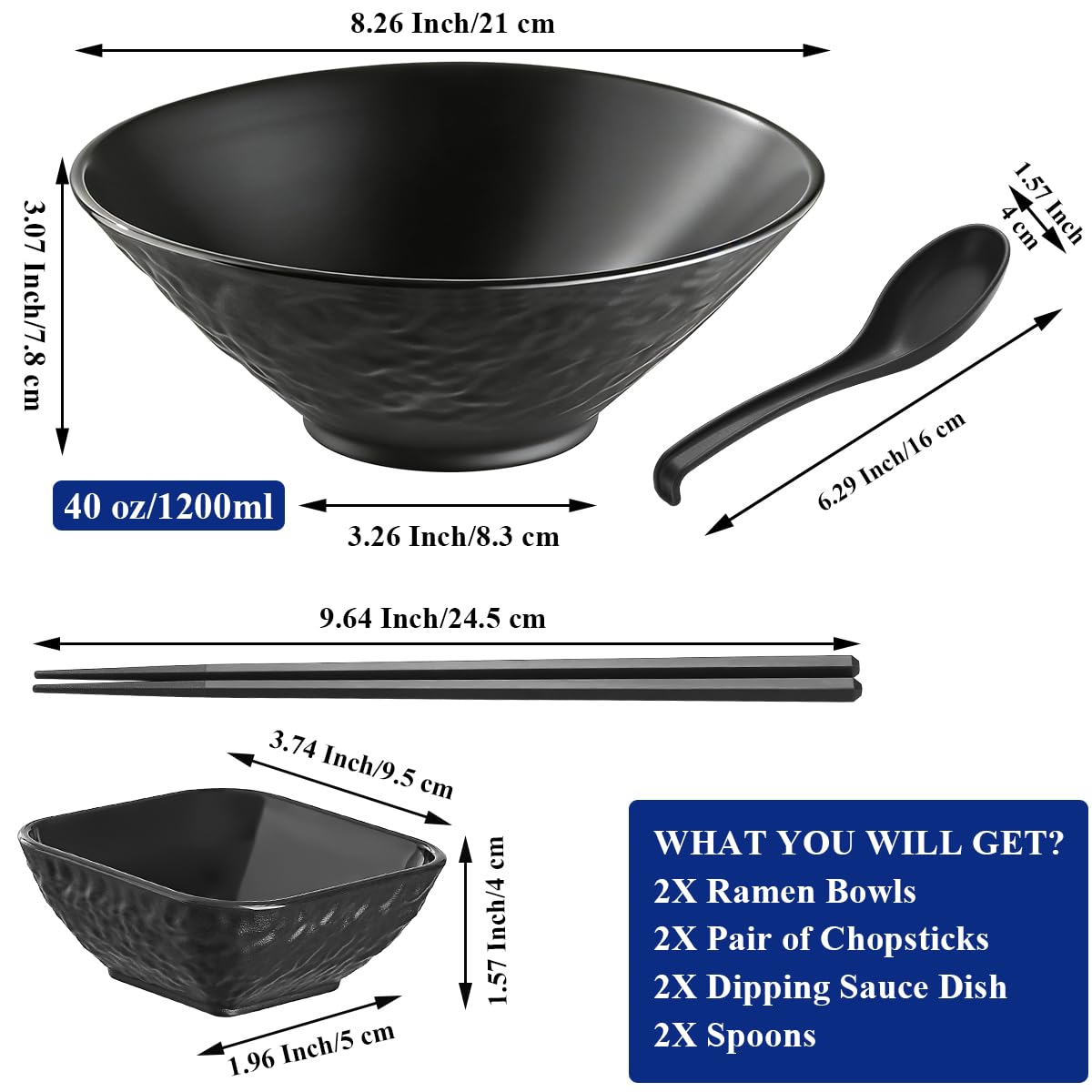 Berglander Ramen Bowl Set 1200mL of 2 with Dipping Bowls Chopsticks Spoons, Unbreakable Japanese Style Plastic Noodle Soup Bowls for Asian Pho Soup Thai Miso Udon Wonton