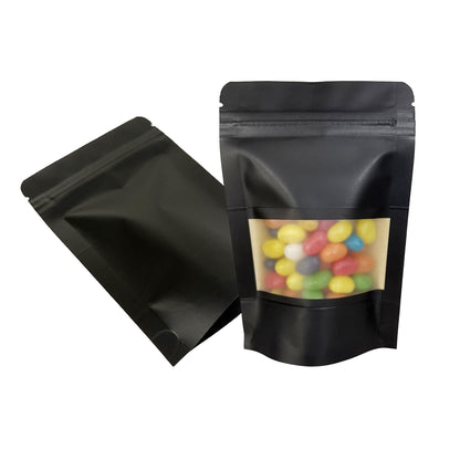 PABCK 50 Pcs Black Kraft Paper Window Bags Seeds Envelopes Stand Up Zipper Resealable Plastic Food Storage Bag Lock Seed Packets for Candy Spices Coffee Packaging Smell Proof 16x24cm (6.3x9.45 inch)