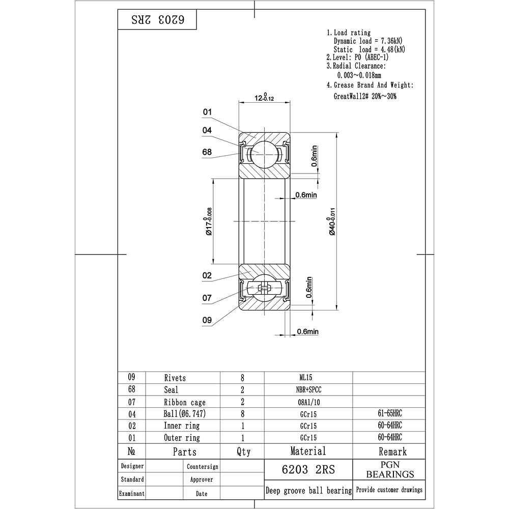 6203-2RS Sealed Ball Bearing - 17x40x12 - Lubricated - Chrome Steel (10 PCS)
