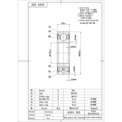 6203-2RS Sealed Ball Bearing - 17x40x12 - Lubricated - Chrome Steel (10 PCS)