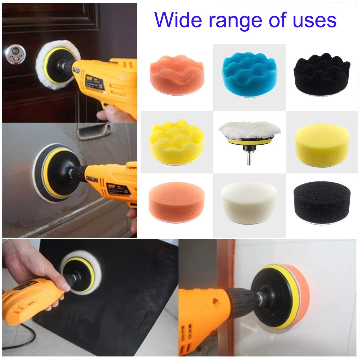 VASLON 38Pcs/lot 3 inch Car Polishing Buffing Waxing Kit Polisher Sponge Pads Set with Drill Adapter for Vehicle Waxing Boat Polishing(30 Pads+2 Drill Adapters+2 Suction Cups+2 woolen fiber polishing pads+2 pieces hook and loop pads)
