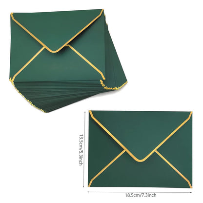 WEZCHUGHAOL 50 Pcs Invitation Envelopes, V-Flap Envelopes Mailing Card Envelopes, Quick Seal Envelopes with Gold Border for Birthday, Weddings, Graduations, Greeting Cards (Green, 5 x 7 inch)