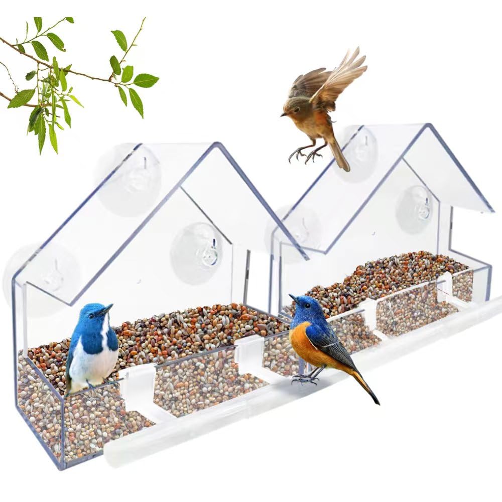 WLLKOO Window Bird Feeder 2 Pack, Bird House for Outside with 4 Rod, Small Acrylic Window Bird Feeder with Strong Suction Cups and Drain Holes 5.9 * 2.4 * 5.9 inch