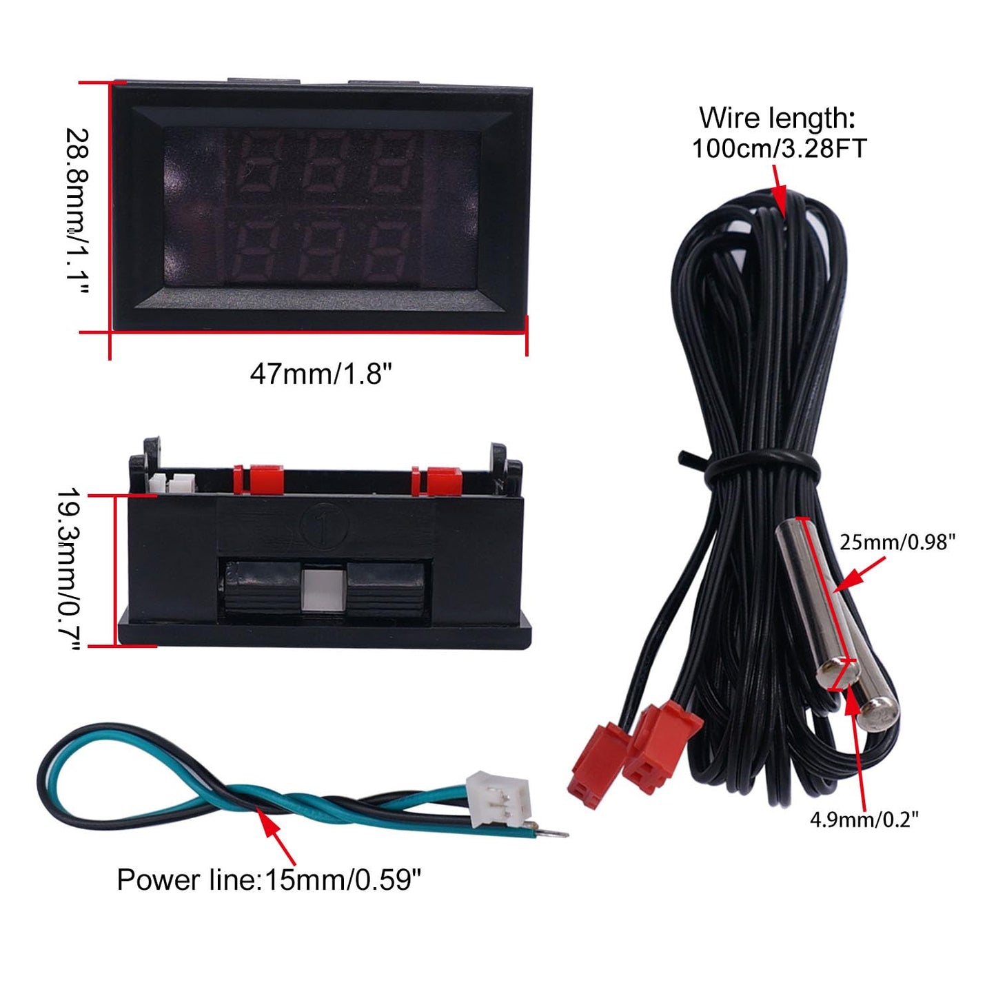 weideer Dual Display Fahrenheit Thermometer DC 4-28V -67~+248℉ with Dual LED Display 2 Waterproof NTC Probes High Accuracy Temperature Gauge Sensor K-017