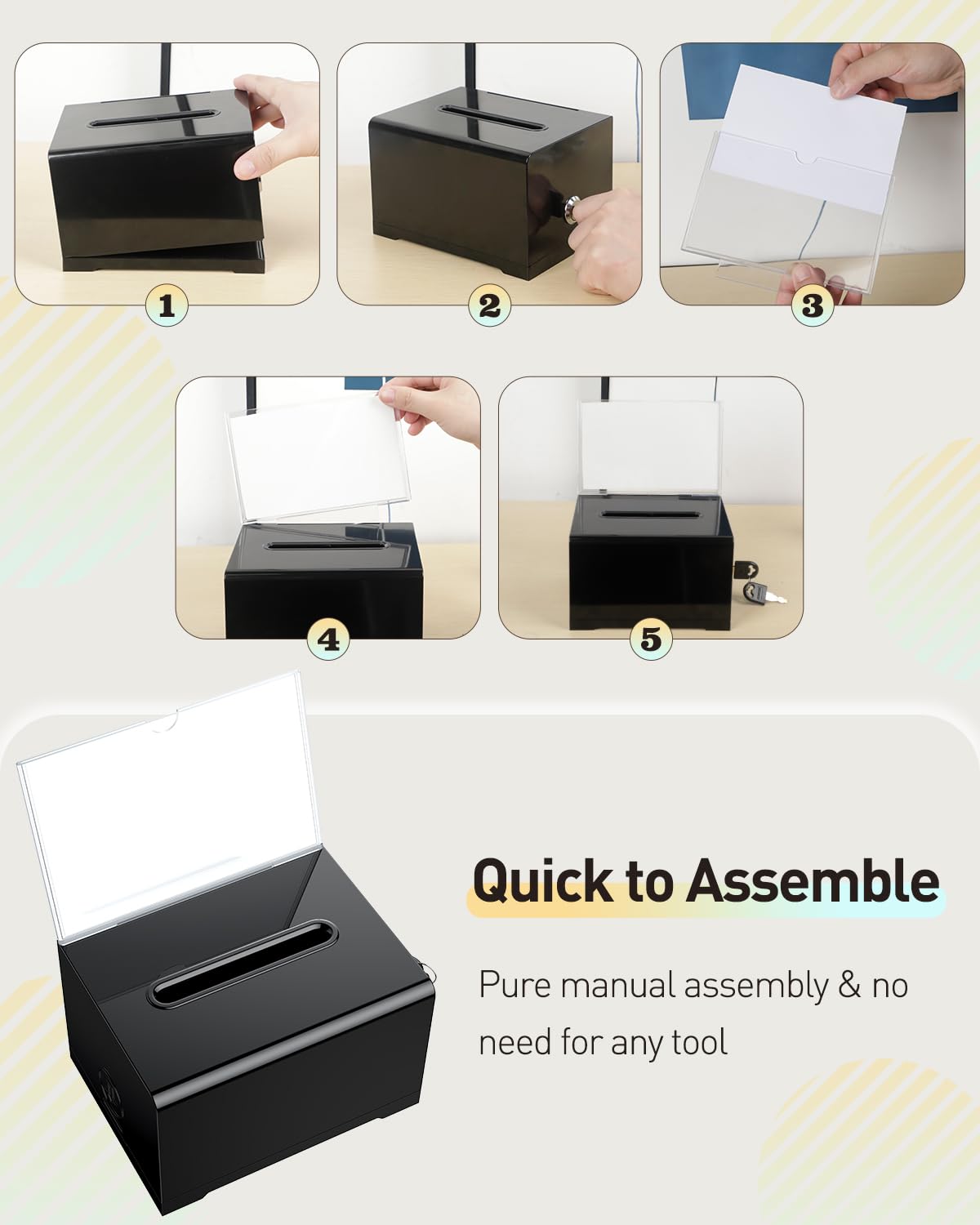 Uniclife 2 Pack 6.2" x 4.7" x 4" Acrylic Donation Boxes Suggestion Box with Slot and Lock for Voting Charity Tip Collection Black Plastic Ballot Boxes with Sign Holder Storage Container