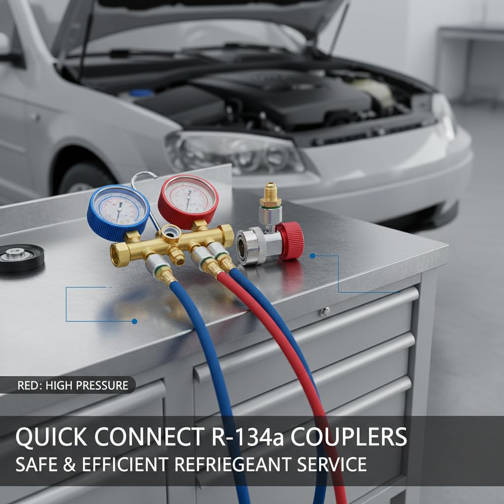 R134a Quick Coupler Adapter Set, Low and High Side AC Coupler Connector with 1/4" Flare Male Thread, Heavy Duty Brass Air Conditioning Charging Hose Fitting for Car AC System Evacuation