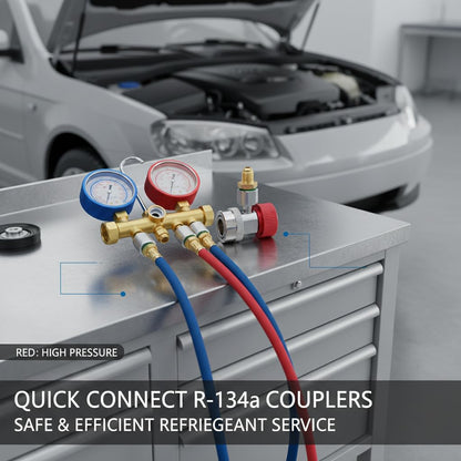 R134a Quick Coupler Adapter Set, Low and High Side AC Coupler Connector with 1/4" Flare Male Thread, Heavy Duty Brass Air Conditioning Charging Hose Fitting for Car AC System Evacuation