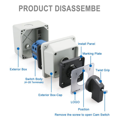 Baomain 20A Rotary Changeover Switch, 660V 3 Position 2 Phase, SZW26-20/D202.2D Cam Switch with Exterior Box (Wider Box)