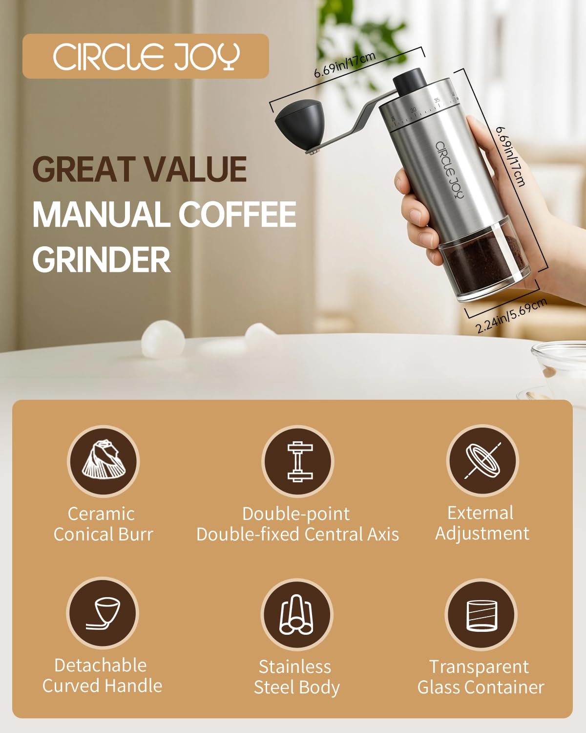 CIRCLE JOY Manual Coffee Grinder with 40 Adjustable Settings, High Precision Stainless Steel Hand Coffee Bean Mill for Aeropress, Espresso, Portable Conical Burr Coffee Grinder for Home, Office