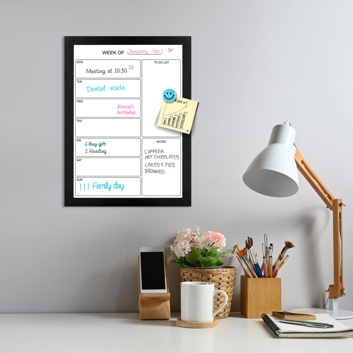 Aitakatta Weekly Dry Erase Whiteboard Calendar, 15.7"x11.8" Magnetic Surface Memo Board, Minimal Design Weekly Planner for Wall, Black Wood Frame Dry Erase Board for Office School Home(ZLBB-S-BK-3040)