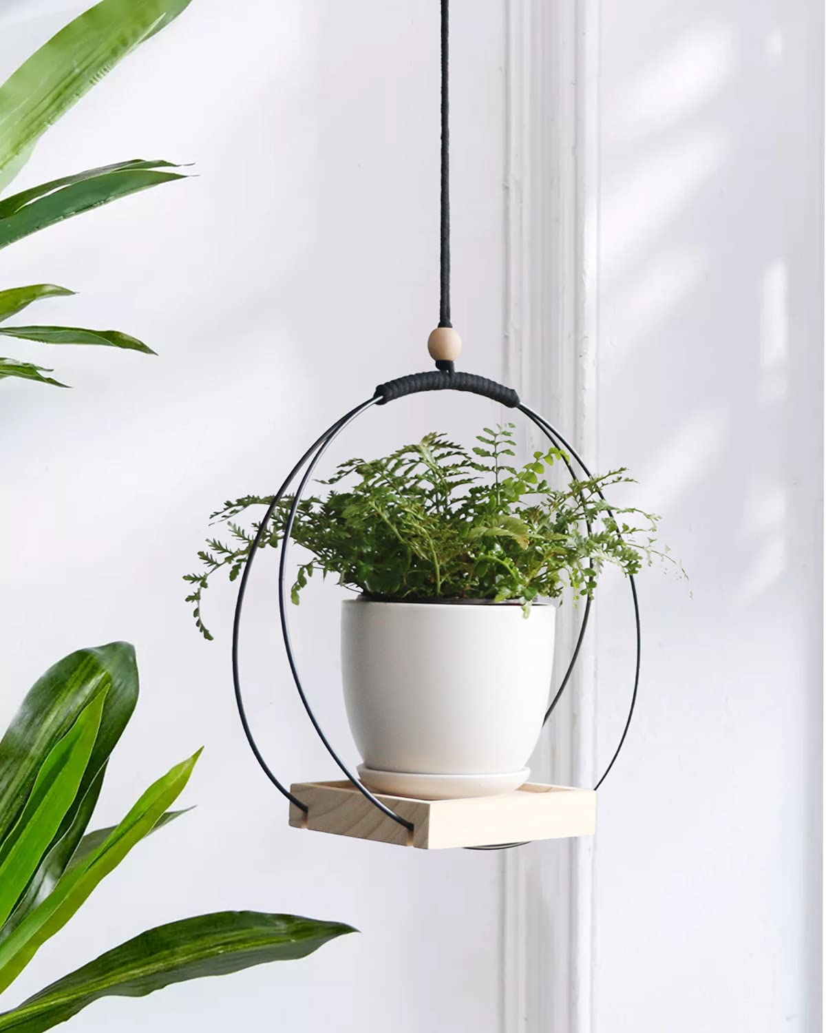 ABETREE Hanging Planter with Wood Base Modern Macrame Plant Hanger for Indoor Outdoor Wall Ceiling Window Boho Home Décor, Black(Planter/Plants Not Included)