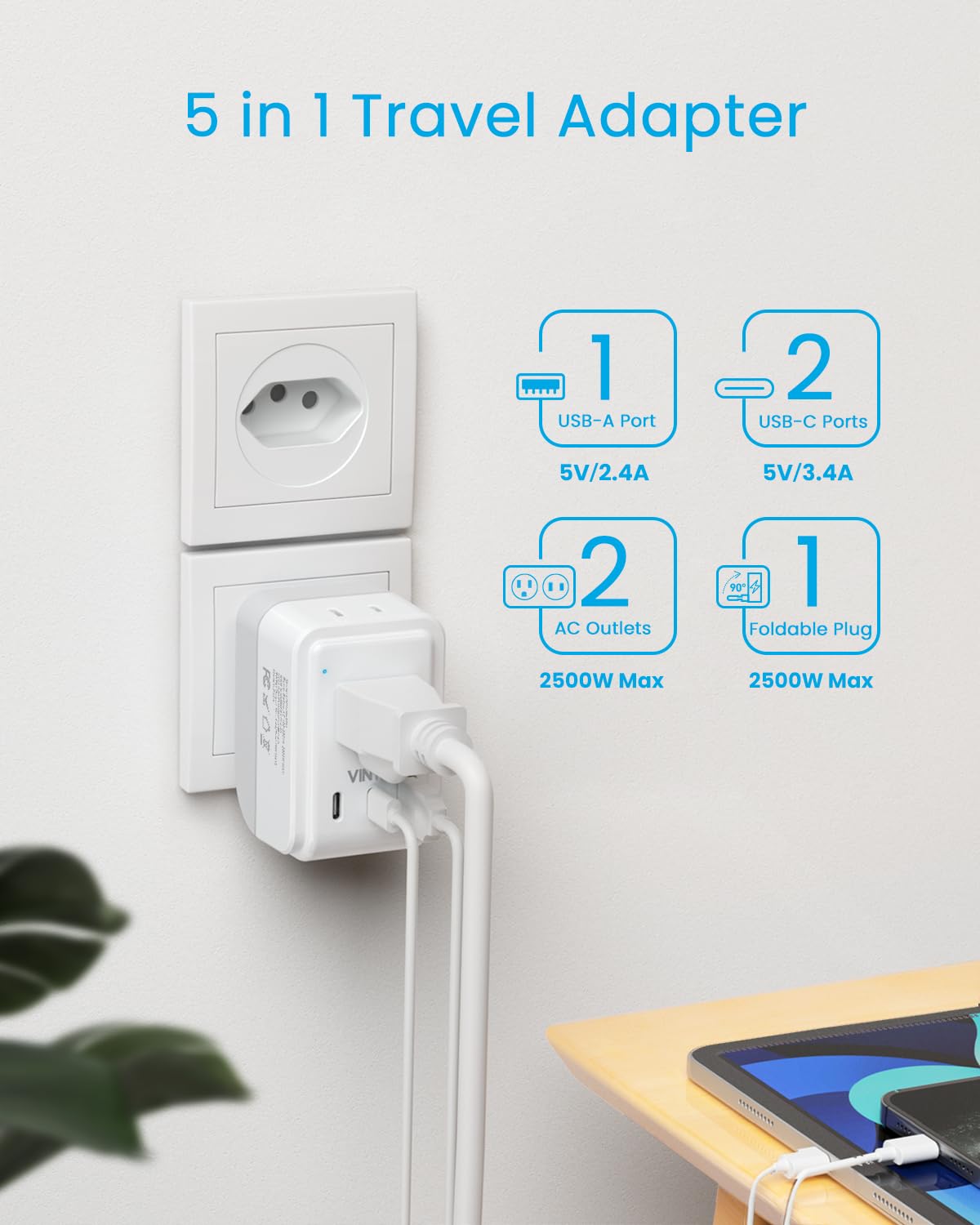 1 Pack Brazil Travel Adapter, VINTAR Foldable Type N Plug Adapter with 2 AC Outlets 3 USB Ports(2 USB C), Brazil Outlet Power Plug for Canada to Brazilian