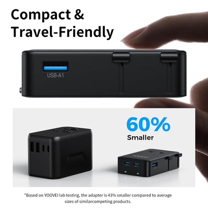 YOOVEI Mini Universal Travel Plug Adapter, 2026 Ultra-Thin PD 25W Fordable Travel Adapter with 1AC 1USB-A 2USB-C Ports,Smart Temperature Control, Worldwide EU/UK/AU/AS Plug Adapter for Travel