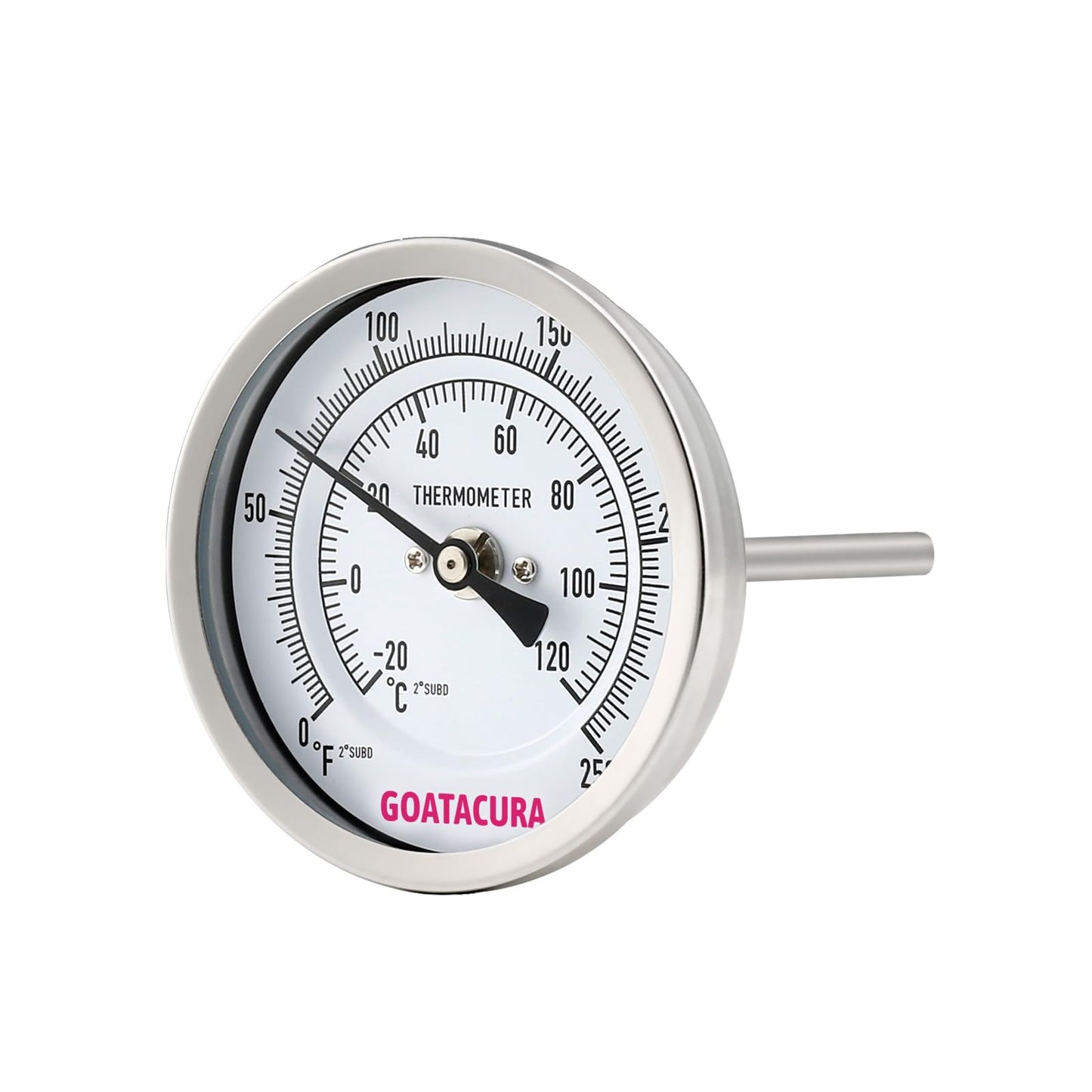 GOATACURA Bimetal Thermometer, Full Stainless Steel, 3" Dial Size, 6" Stem, 1/2" NPT Back Mount, 0-250 Deg F/-20-120 Deg C, 1% Accuracy