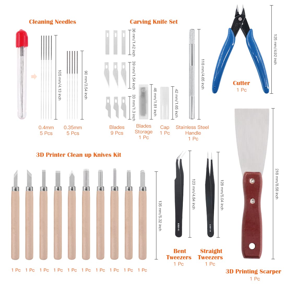 Rustark 34 Piece 3D Printer Accessories Tool Kit Cleaning Needles, Tweezers, Pliers, Scarper, Clean up Knives, Carving Knife Come with Storage Case for Printing Removing, Cleaning, Finishing