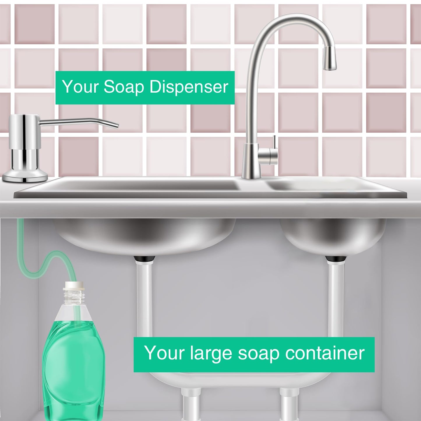 Soap Dispenser for Kitchen Sink, Built in Sink Soap Dispenser, Countertop Soap Dispenser Pump with 47" Extension Tube kit, No Need to Fill Little Bottle Again, Chrome