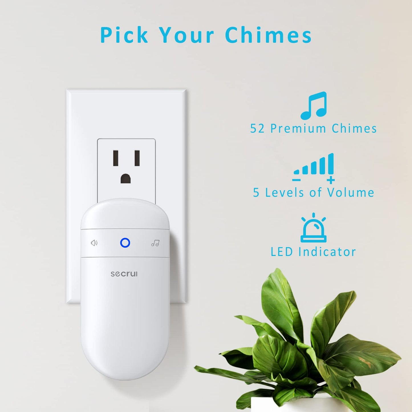 SECRUI Door Chime, Door Chimes When Door Opens with 5 Adjustable Volumes, Easy Installation, 52 Chimes, 500ft Wireless Range, M508+D7, White