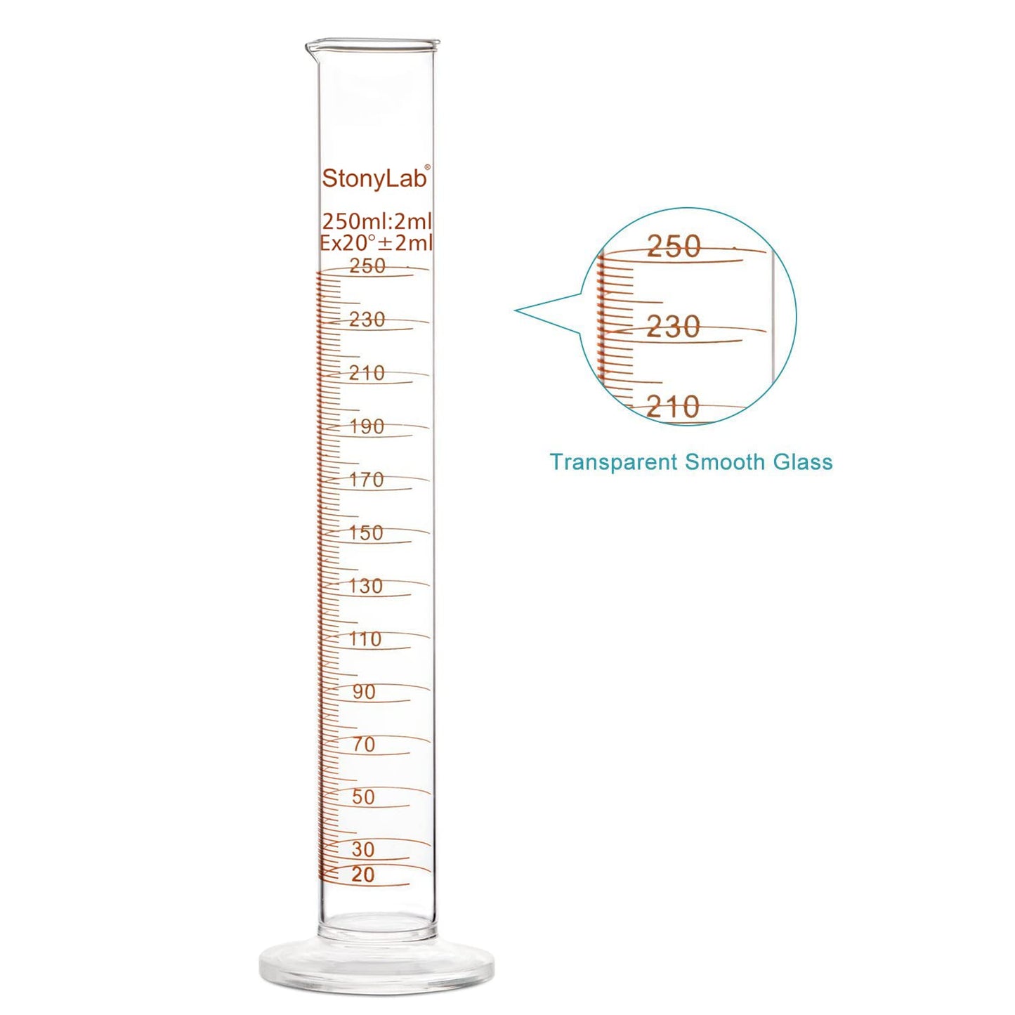 stonylab 1-Pack Graduated Cylinder, Borosilicate Glass 250 ml Heavy Wall Graduated Glass Measuring Cylinder