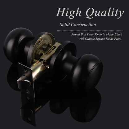 Probrico Black Door Knobs Interior 1 Pack, Interior Passage Keyless Door Knob Set Flat Ball Knob for Hallway or Closet, Matte Black Finish Knob, 1 Pack