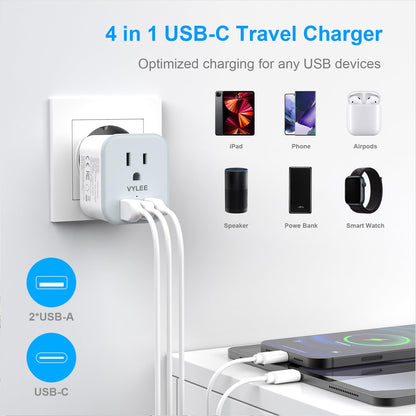 2 Pack European Travel Plug Adapter, VYLEE Foldable Travel Adapter with 3 USB (1 USB C Port) and 1 AC Outlets Charger for Canada to Most of Europe - EU France Germany Spain Italy