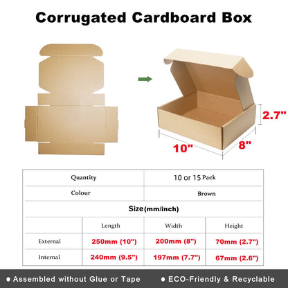 Corrugated Cardboard Shipping Boxes, 250x200x70mm (10"x8"x2.7") Small Parcel Boxes, Packaging Mailing Boxes for Business, Posting, Small Packet Shipping, Storing or Gift(Pack of 15)