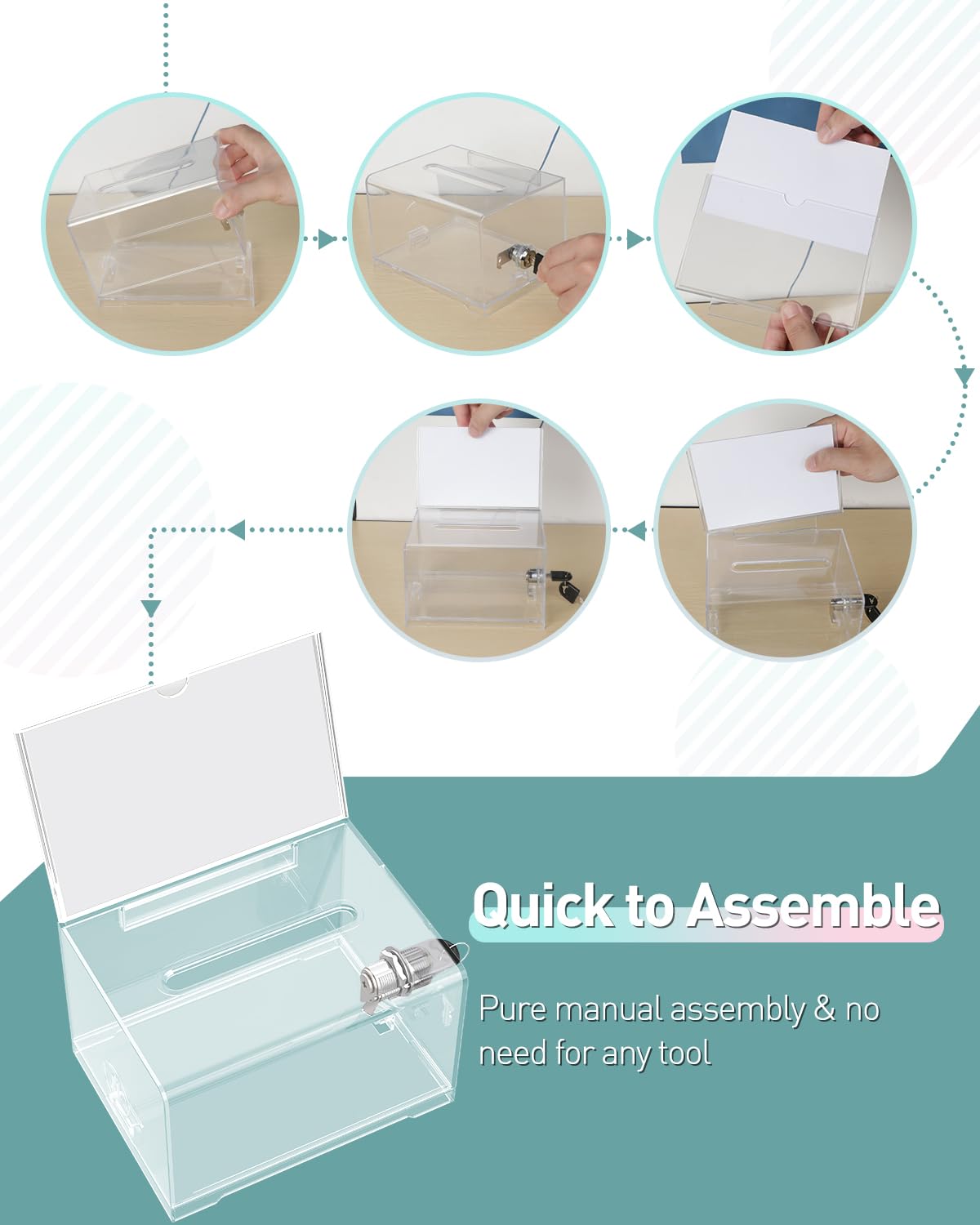 Uniclife 2 Pack Acrylic Donation Box with Lock and Sign Holder 6.2" x 4.7" x 4" Ballot Boxes with Slot Clear Plastic Suggestion Box Storage Container for Fundraising Voting Charity Tip Collection