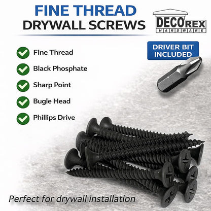 #6 x 1-1/4" Drywall Screws – Fine Thread, Phillips Drive, Sharp Point, Bugle Head, Black Phosphate – Contractor-Grade Drywall & Wood Fasteners + Driver Bit Included (500pcs)