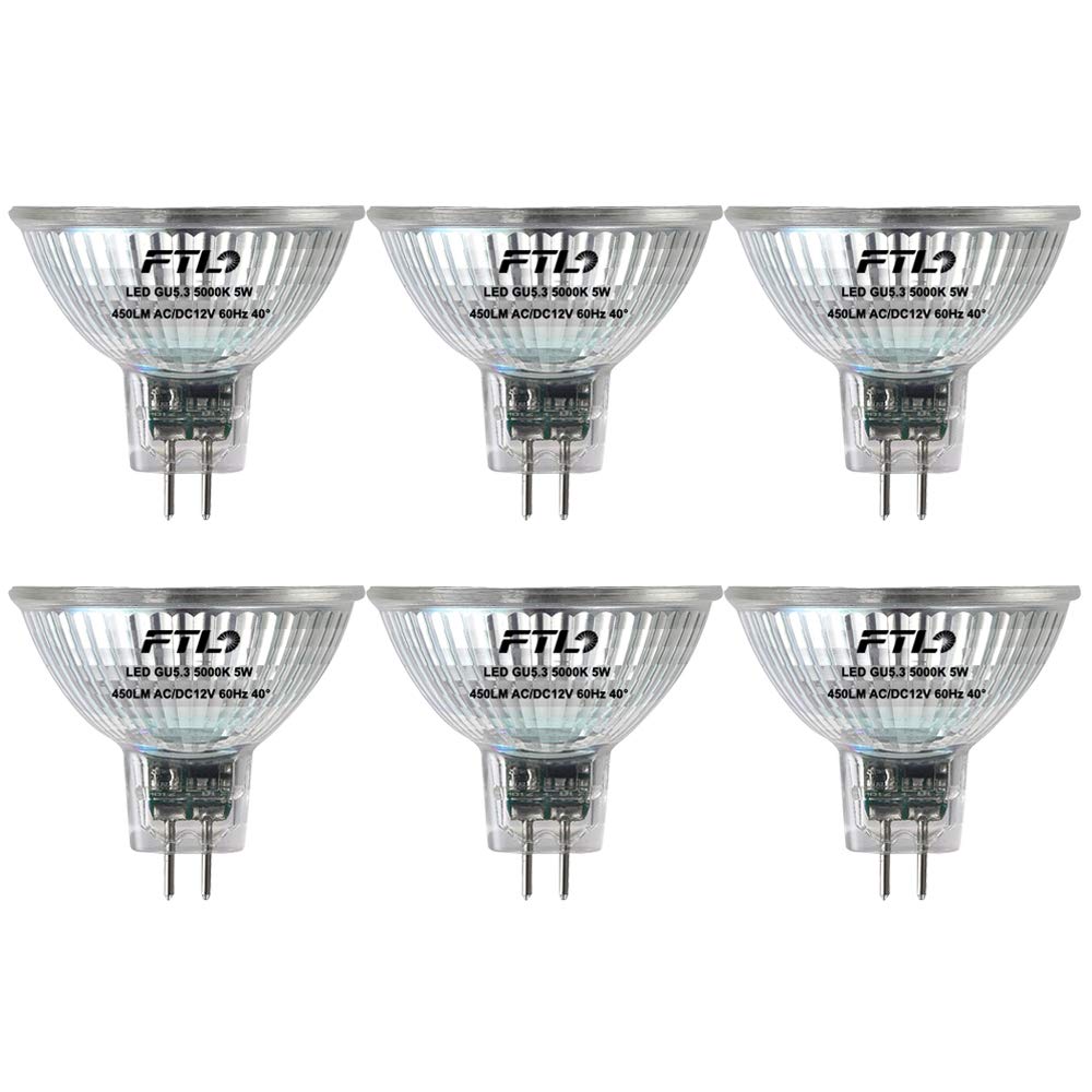MR16 LED Bulb Non Dimmable 5000K Daylight White 5W AC/DC 12V 50W Halogen Equivalent 500lm GU5.3 Bipin Base 40 Degree Spotlight for Track Recessed Lighting and Outdoor Landscape Lighting 6-Pack