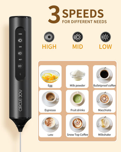 CIRCLE JOY Electric Milk Frother with 3 Variable Speeds, 3 Whisks and Storage Box, Rechargeable Handheld Coffee Frother Drink Mixer Foam Maker for Latte, Cappuccino, Hot Chocolate, Protein Powder