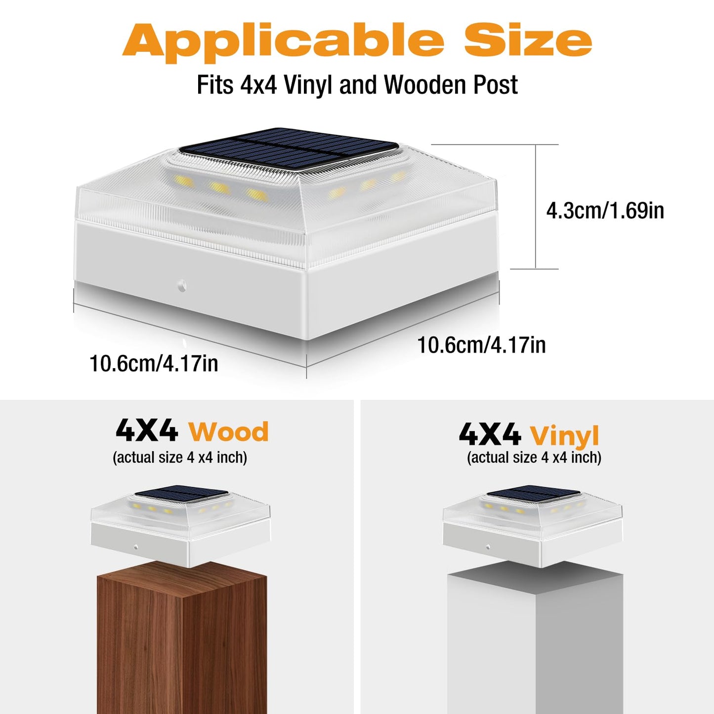 vighep 4x4 Solar Post Caps Lights, 2 Pack 3 Color Modes Outdoor Fence Post Solar Powered Lights, IP65 Waterproof Deck Post Light for Wooden/Vinyl Posts, Patio, Garden-White