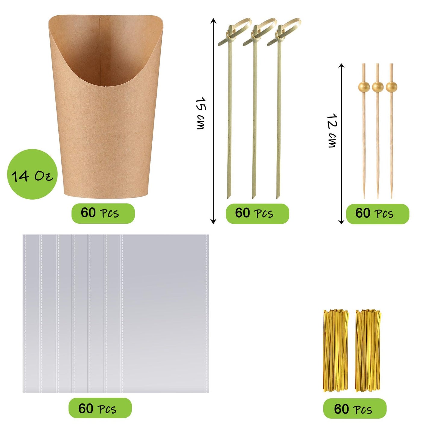 60 Pack Charcuterie Cups with Skewers & Bags, 14 oz Kraft Paper Snack Boxes with Cocktail Picks, Individual French Fry Holder, Appetizer Boards Accessories [60 Cups + 200 Sticks + 60 Bags] Brown