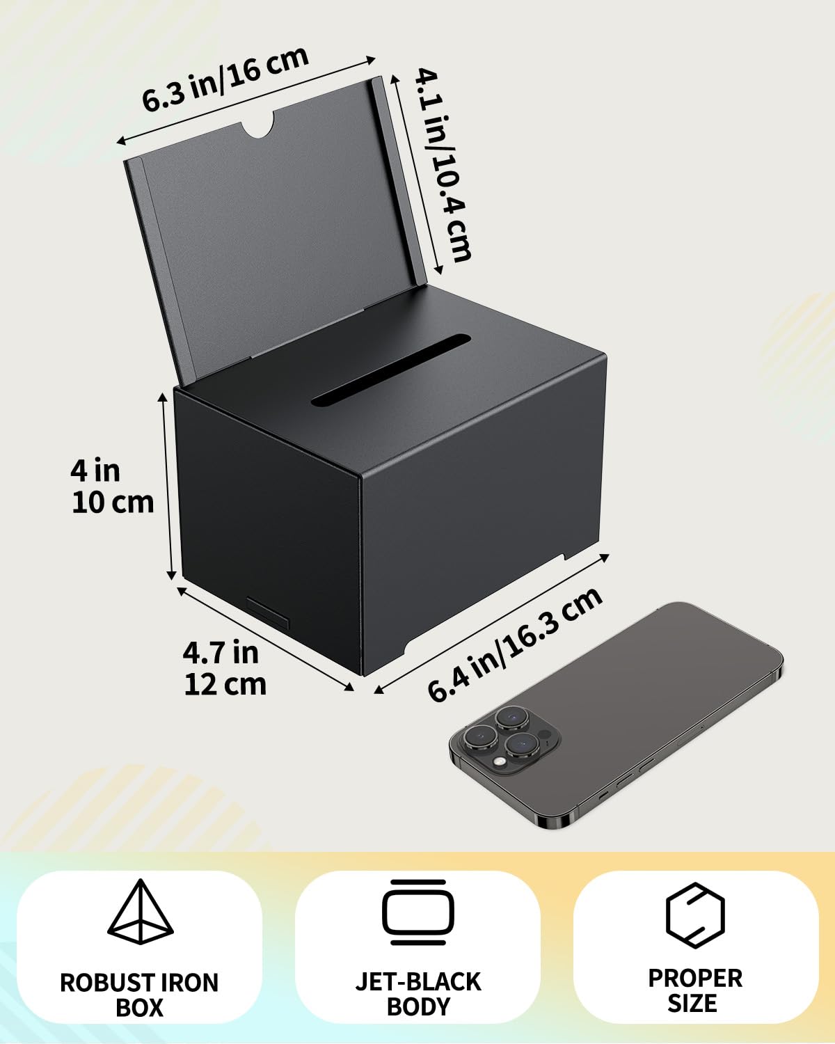 Uniclife Metal Donation Box for Fundraising, Suggestion Box with Slot and Lock, Black Ballot Boxes with Sign Holder, Storage Container for Voting Charity Tip Collection, 6.4" x 4.7" x 4"