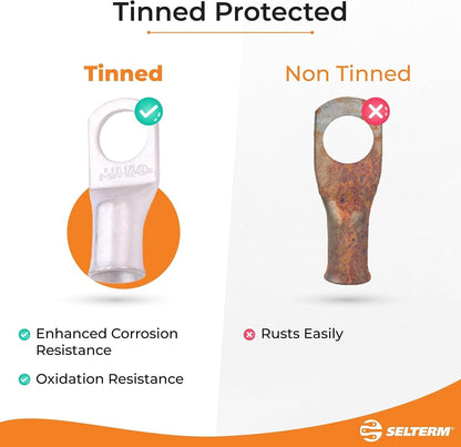 SELTERM 15pcs 1/0 AWG 3/8" Stud UL Marine Grade Battery Terminal Connectors Tinned Copper Battery Cable Lugs 0 Gauge Wire Connectors Electrical Battery Cable Ends Ring Terminals Tinned Copper Lugs