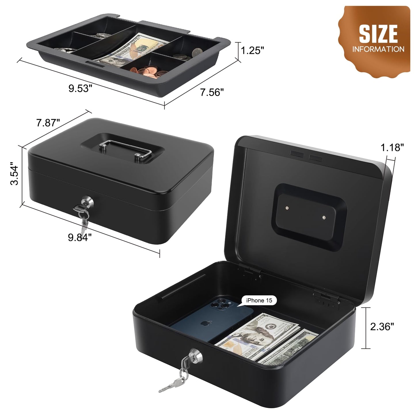 Cash Box with Money Tray and Lock, Large Metal Lock Box for Money Safe 9.84 x 7.87 x 3.54 Inches - Black