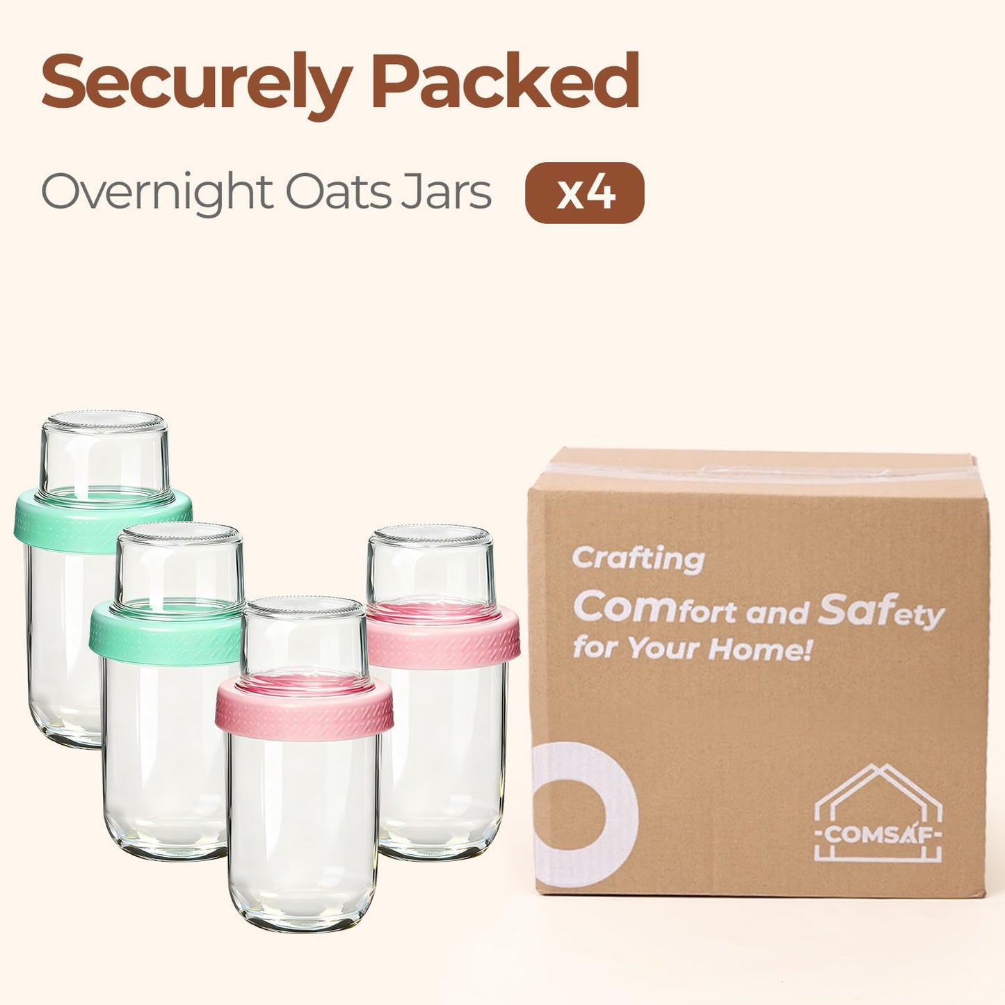 ComSaf Overnight Oats jars with Lids （16oz+4oz 4Pcs）, Dual-Laryer Chia Pudding Jars with Dry and Wet Separation, Yogurt Parfait Contianer for Oatmeal Cereal Nut Fruit, Meal Prep Glass Jars for Salad