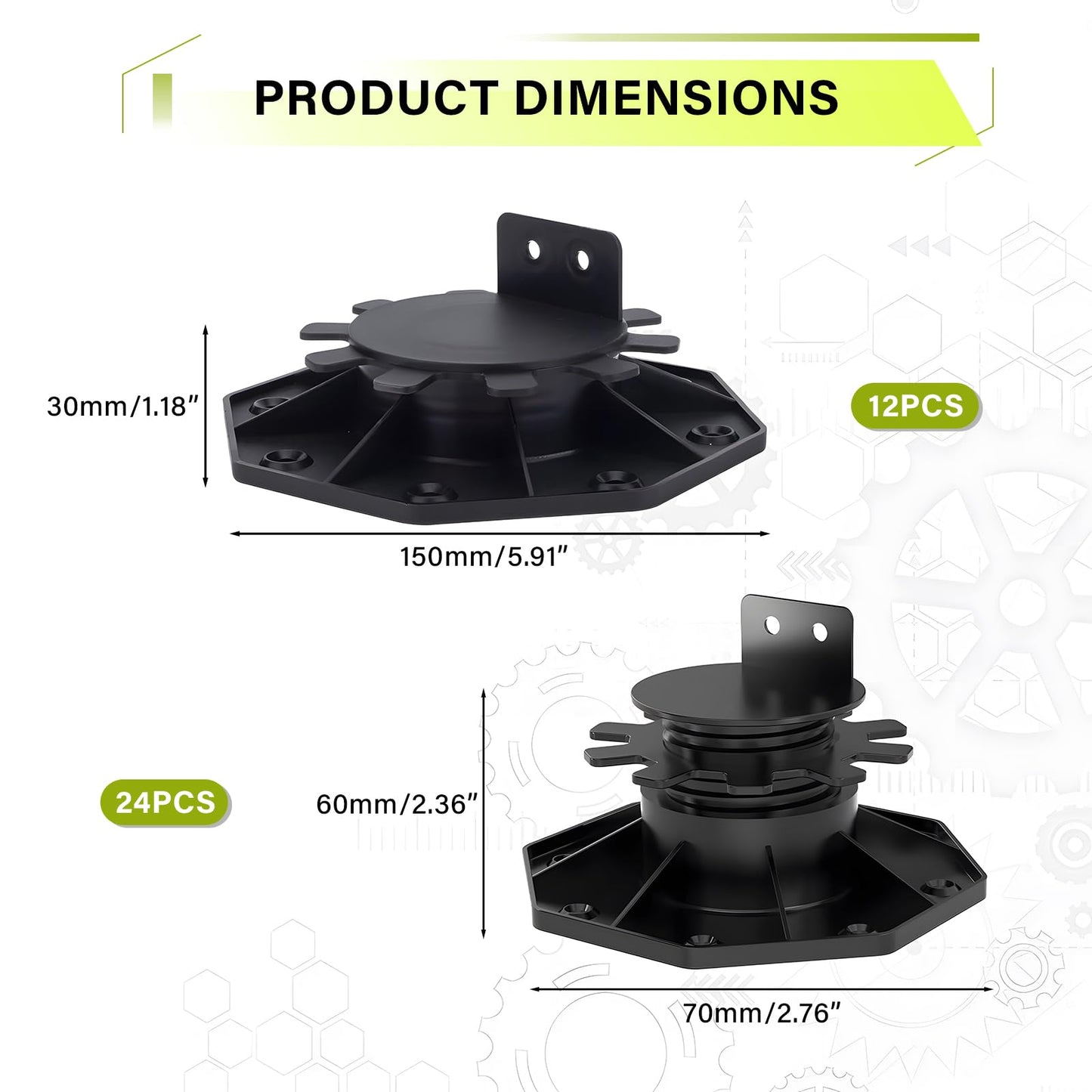 ASDJAKZP 12Pack Deck Support Pedestals, Height Adjustable Deck Foundation Base Support, Durable Tuff Blocks Deck Foundation for Floating Deck Platform Deck Floor, Raising from 1-3/16" to 2-3/8", Black