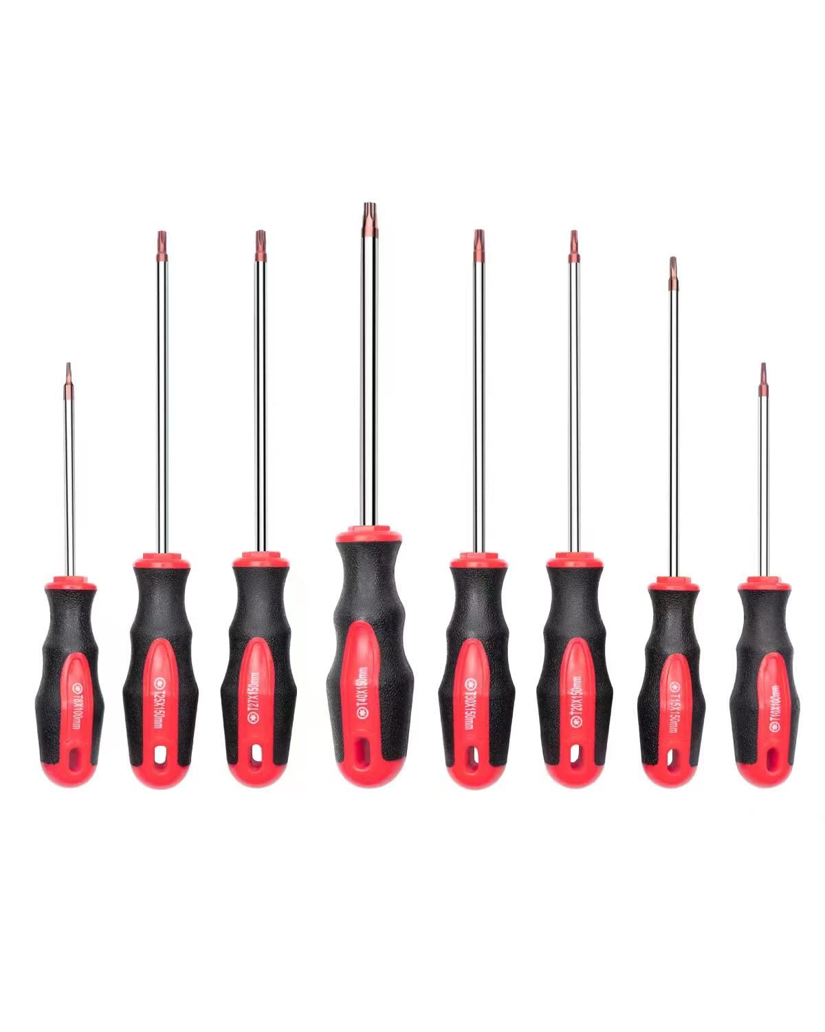ROTATION 8PCS Magnetic Tip Torx Screwdriver Set, 8 Torx Star Screwdrivers, T8, T10, T15, T20, T25, T27, T30, T40 Red Tip | Red, Gloss, S2 Steel
