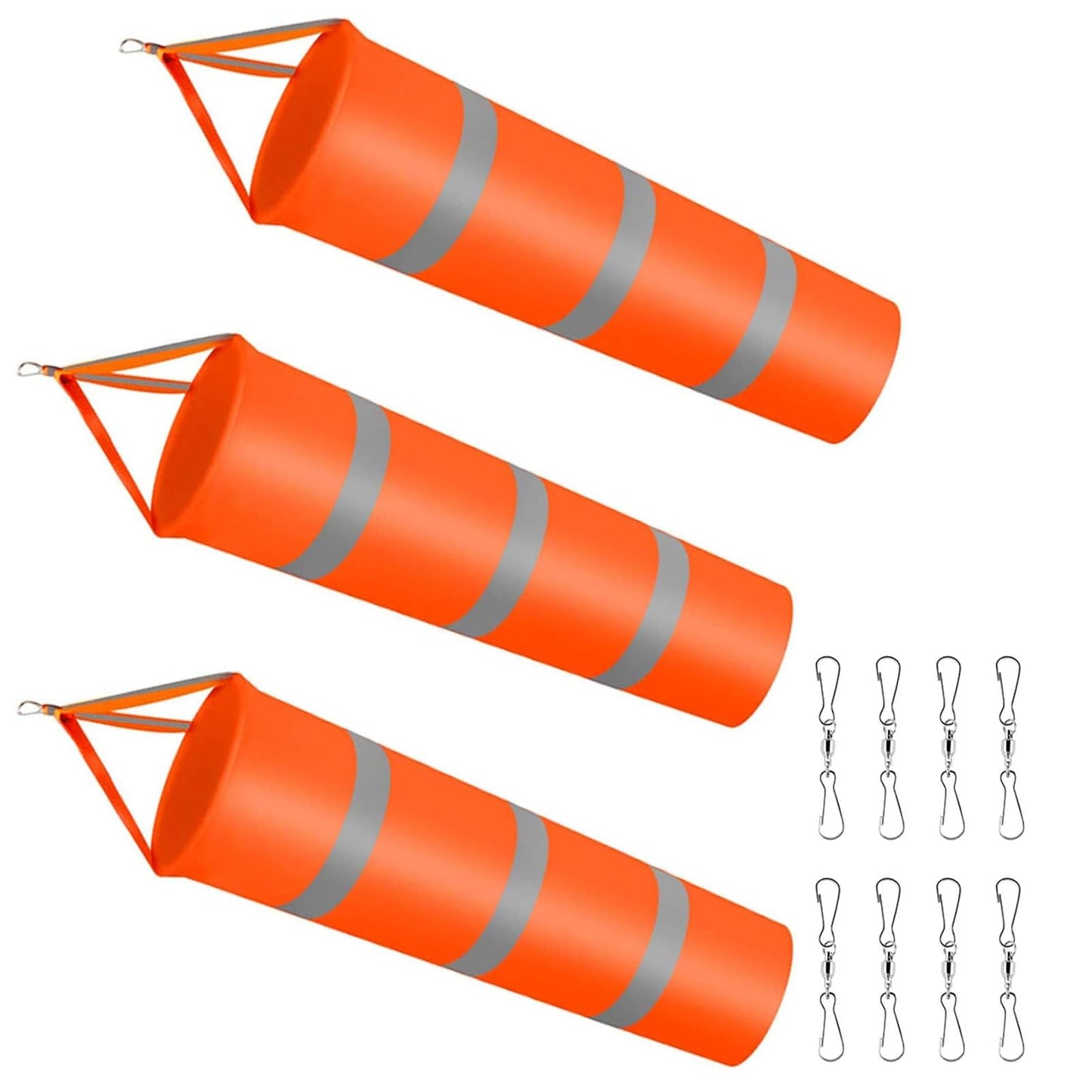 AEIMIAIDE 3PCS Windsock Wind Measurement Sock, 30 Inch Orange Airport Windsock with Reflective Belt for Outdoors Airport Farm Park + 8PCS Dual Swivel Clips for Wind Direction Measurement