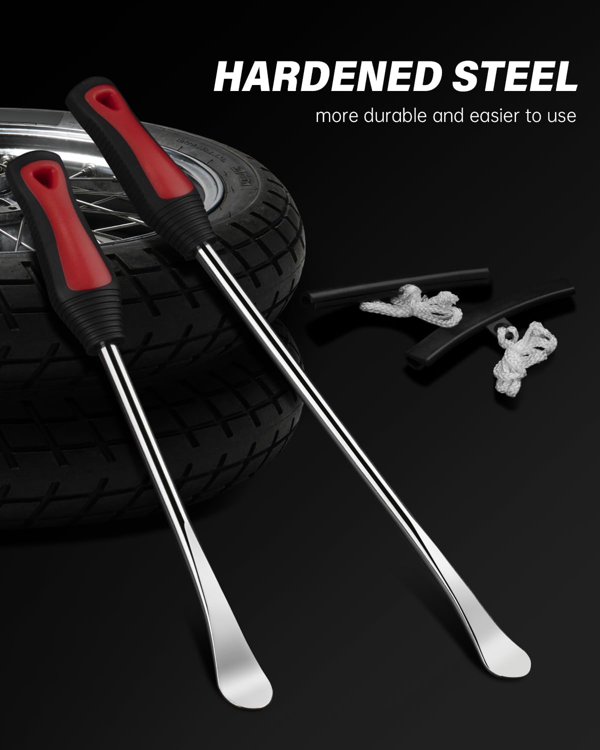 ROTATION 14.5" Steel Tire Spoons Tool Set, 6-Piece Tire Iron Kit, Professional Tire Removal Tools for Motorcycle Dirt Bike Scooter, Include 3 Tire Spoons, 2 Rim Protector, 1 Valve Tool, 6 Valve Cores