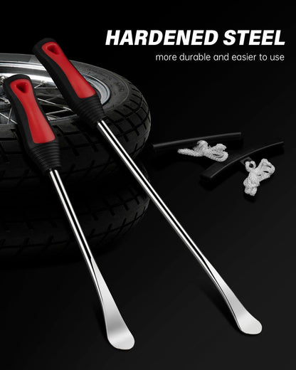 ROTATION 14.5" Steel Tire Spoons Tool Set, 6-Piece Tire Iron Kit, Professional Tire Removal Tools for Motorcycle Dirt Bike Scooter, Include 3 Tire Spoons, 2 Rim Protector, 1 Valve Tool, 6 Valve Cores