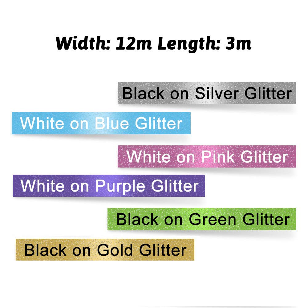 Absonic Compatible Label Tape Replacement for Colorpop D1 12mm 0.47 Label Maker Tape for LabelManager 160 280 210D 360D 420P, Black/White on Gold/Green/Blue/Pink/Purple/Silver Glitter, 1/2" x 10'