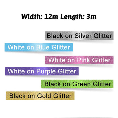 Absonic Compatible Label Tape Replacement for Colorpop D1 12mm 0.47 Label Maker Tape for LabelManager 160 280 210D 360D 420P, Black/White on Gold/Green/Blue/Pink/Purple/Silver Glitter, 1/2" x 10'