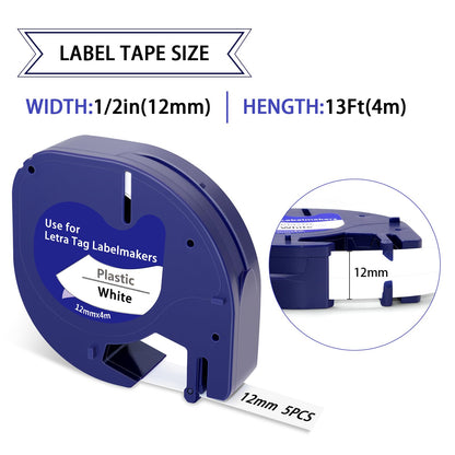 Compatible with Dymo LetraTag Label Maker Refills 91331 Plastic White Tape, Replacement for Dymo Letra Tag Label Maker Tape Refill for Labeler Letra Tag 200B, LT 100T 100H Plus, 5-Pack, Black on White